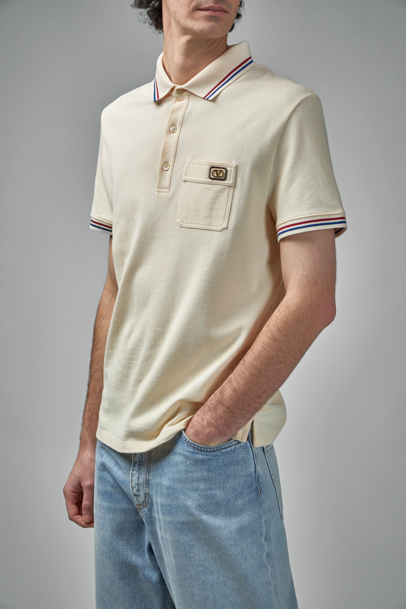 Cotton Piqué Polo Shirt with V-Logo Patch