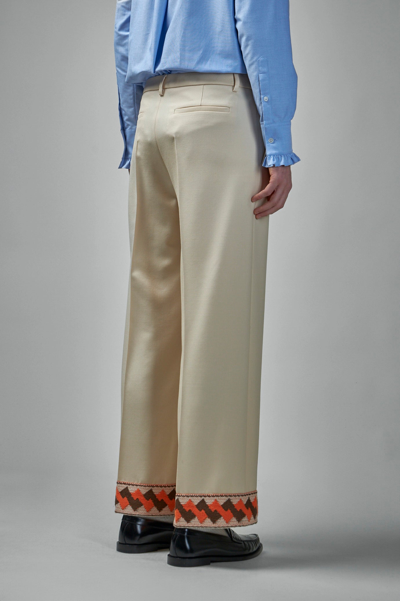 Wool Gabardine Trousers with Jacquard Hem