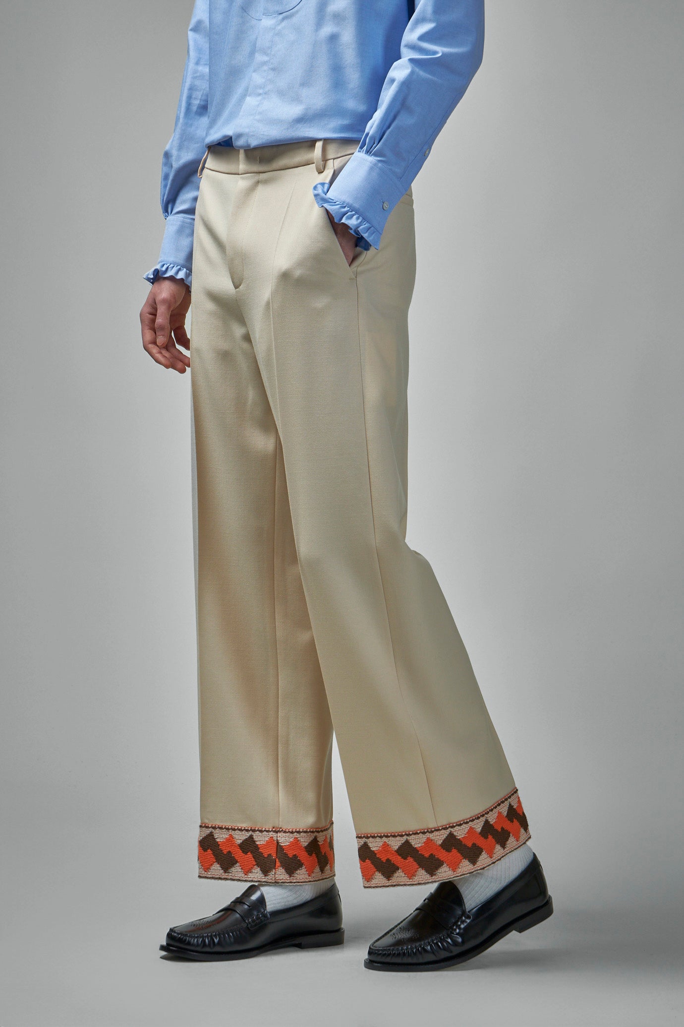 Wool Gabardine Trousers with Jacquard Hem
