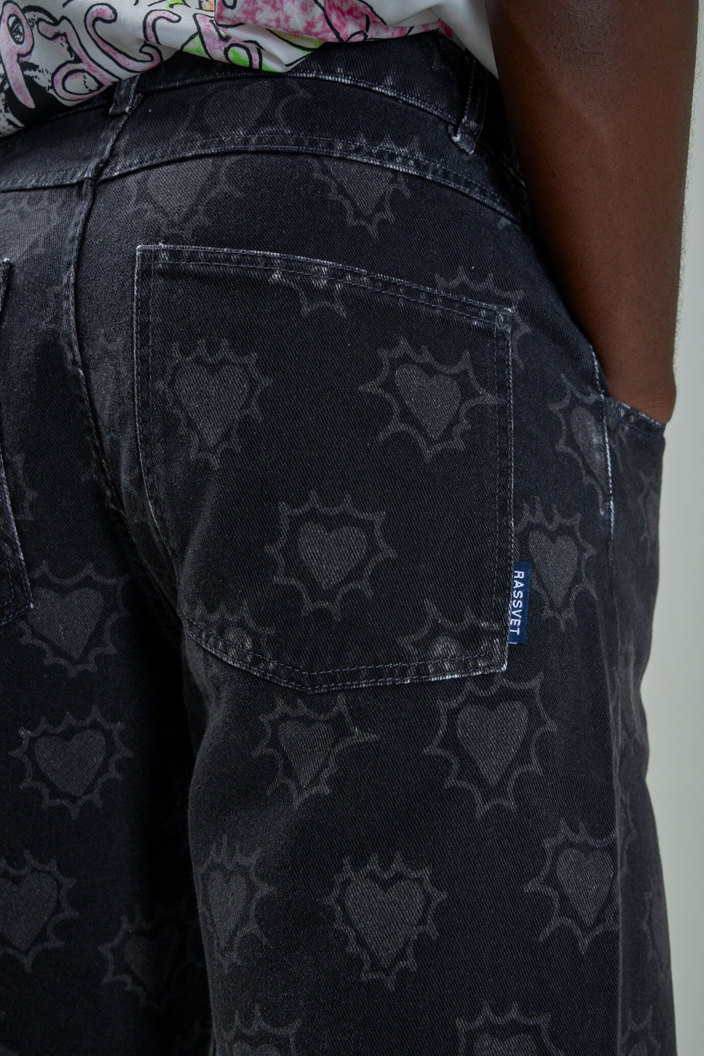 Men Hearts Print Denim Trouser Woven, black