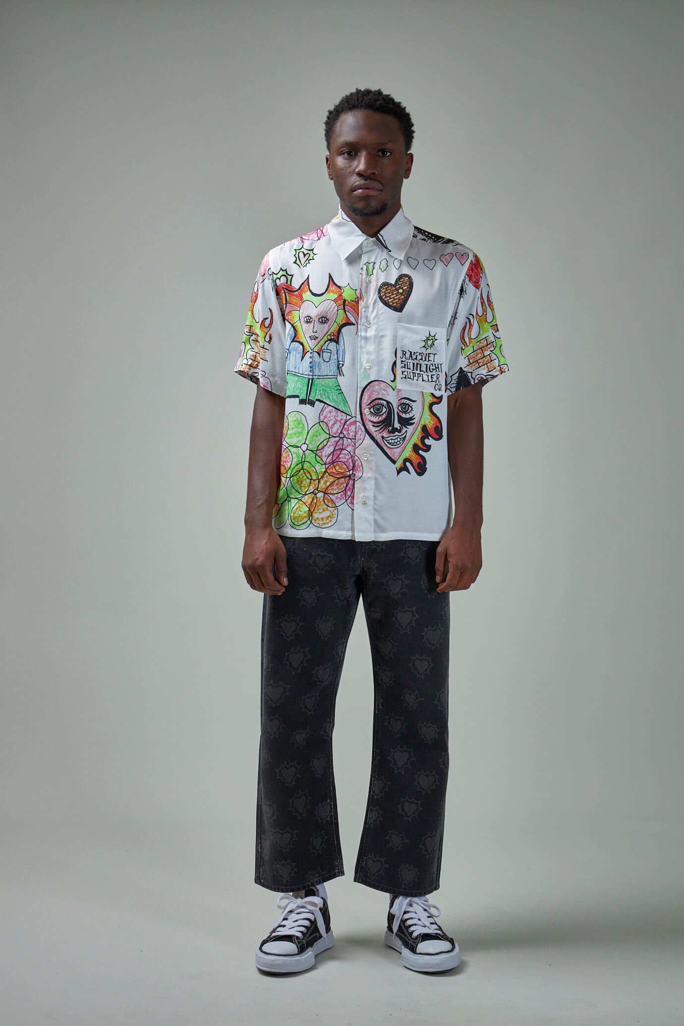 Men Hearts Print Denim Trouser Woven, black