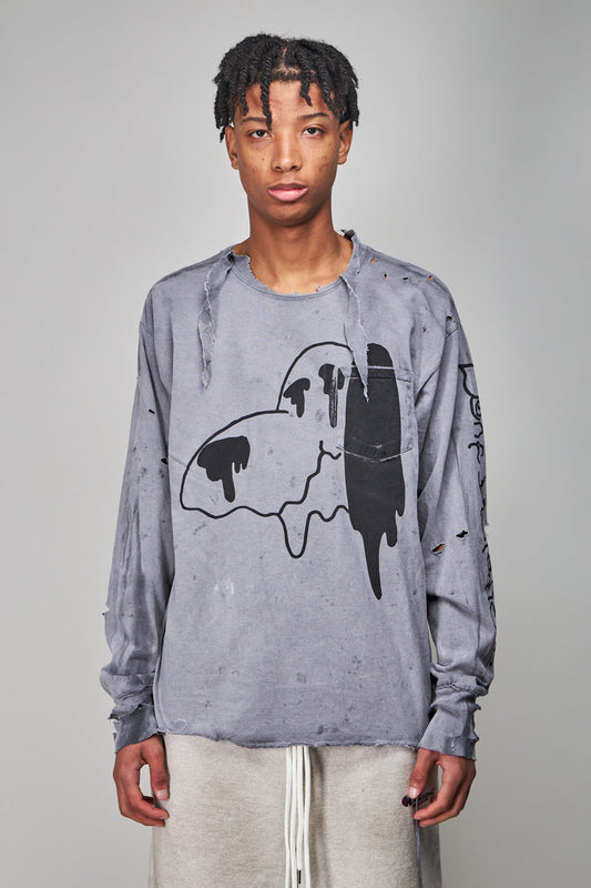 Snoppy LS Pocket Destroyed T-shirt , dirty charcoal