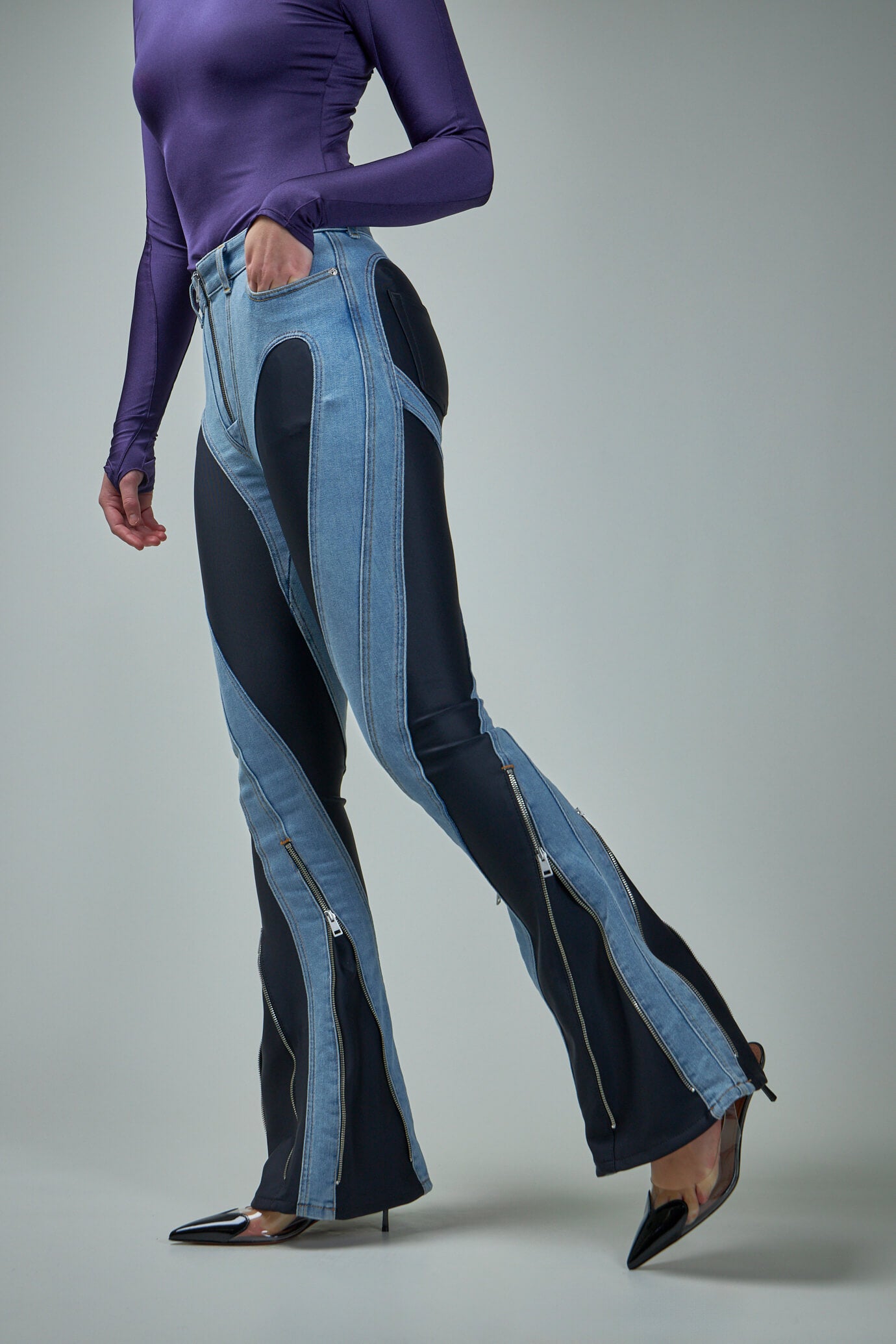 Bi-Material Spiral Flared Jeans