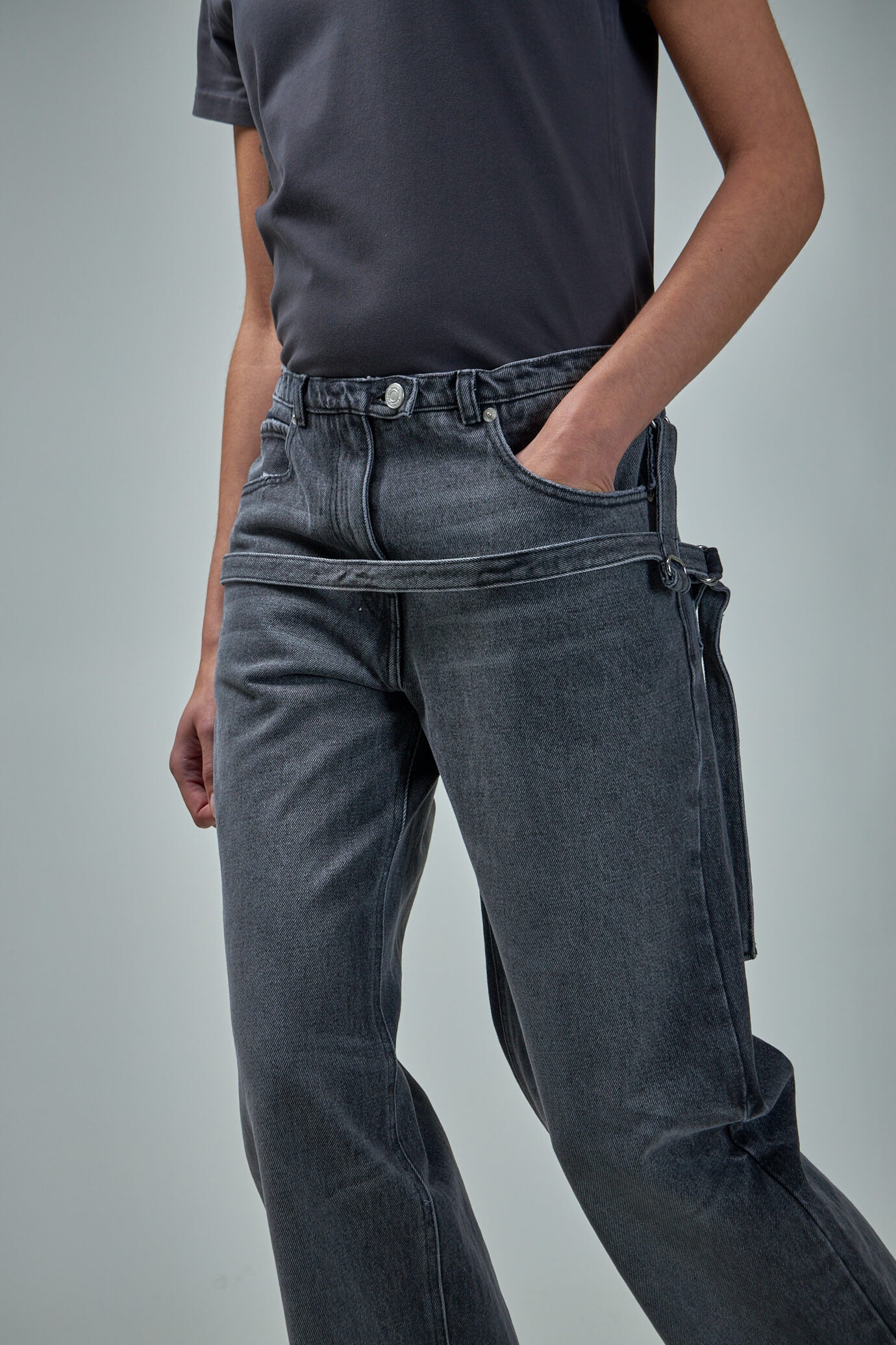 One Strap Stone Denim Baggy Pants