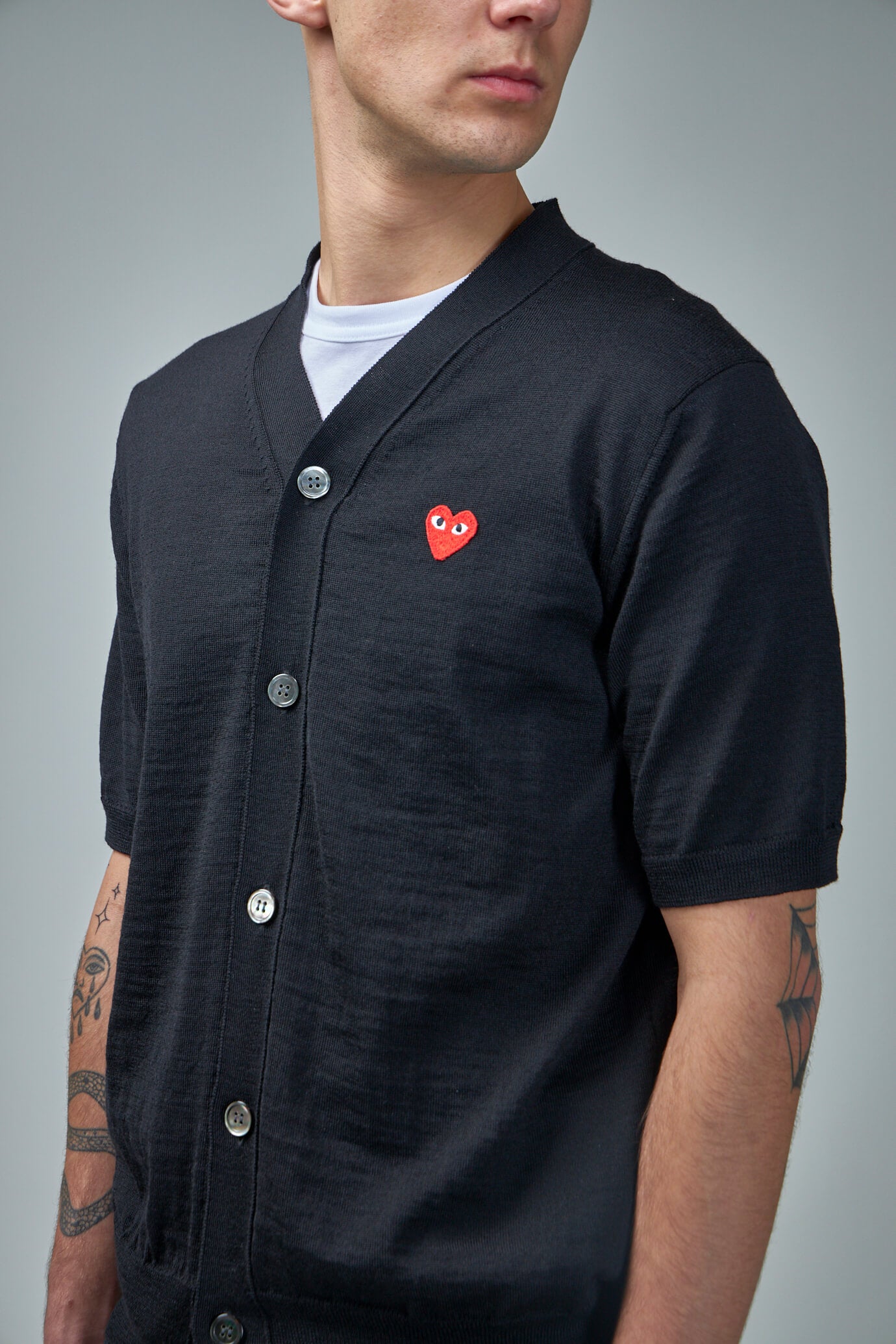 PLAY Comme des Garcons V Neck Short Sleeve Cardigan LABELS