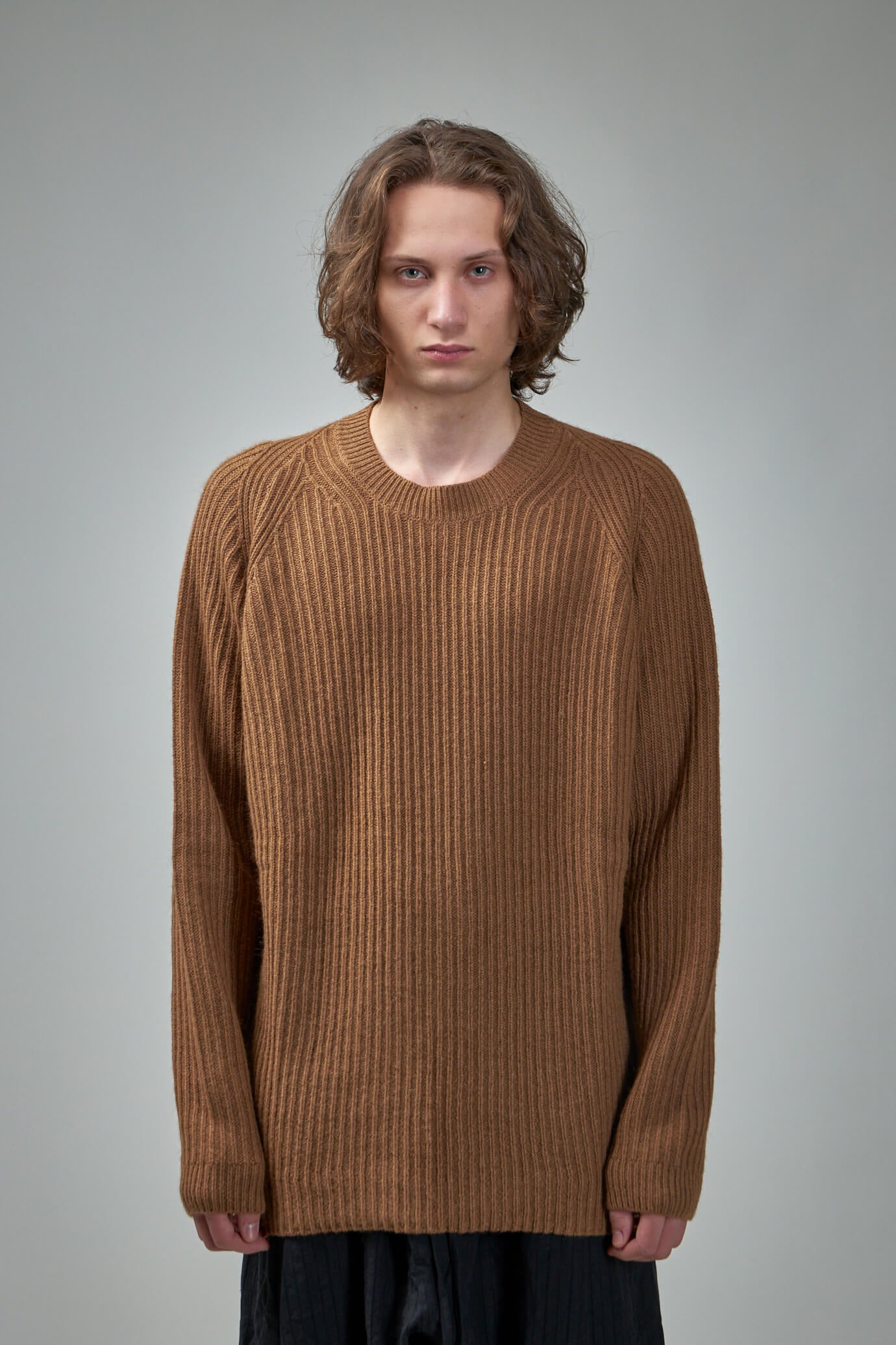 Knit#42 Loose Fit Crew Neck Knitted Sweater Camel Wool