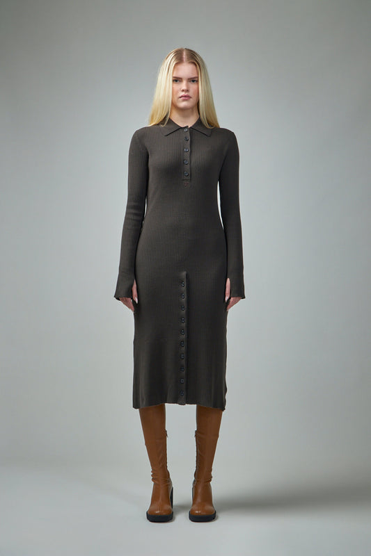 Multi-Button Midi Wool Dress