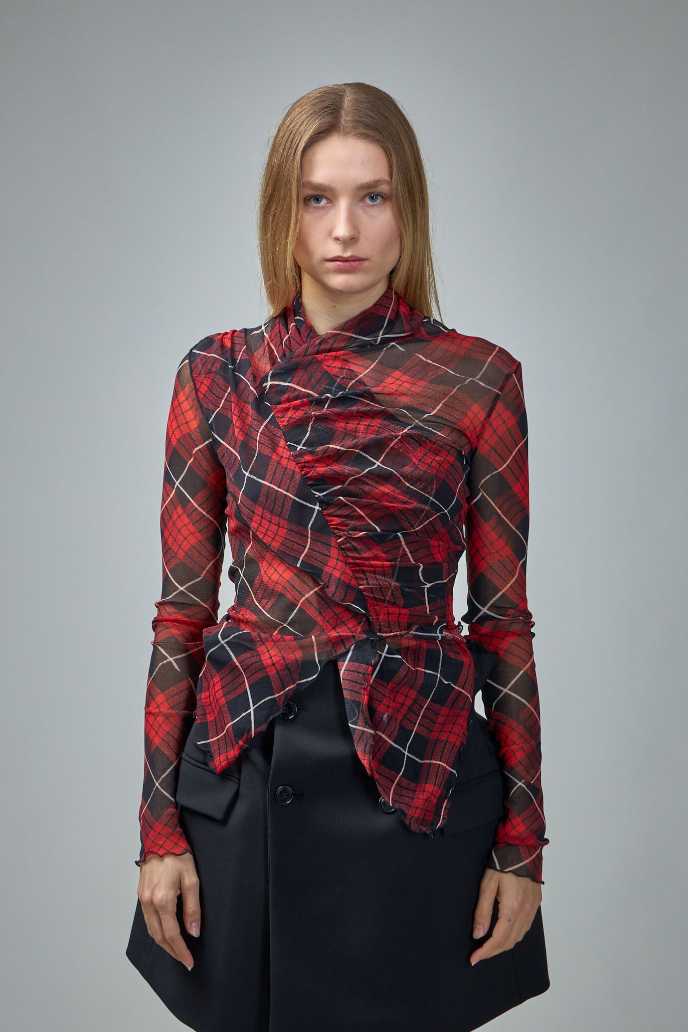 Mesh Draped Longsleeve Top Printed 'Distorted Tartan'