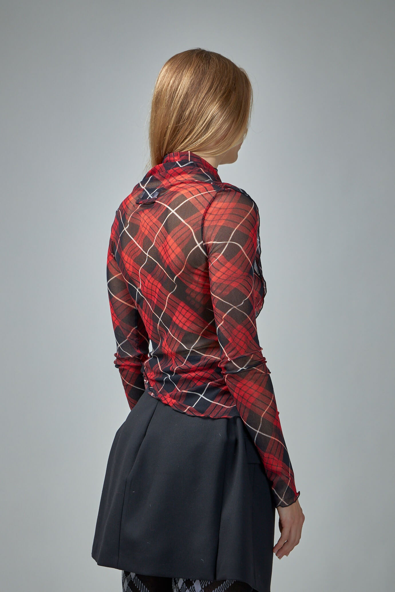 Mesh Draped Longsleeve Top Printed 'Distorted Tartan'