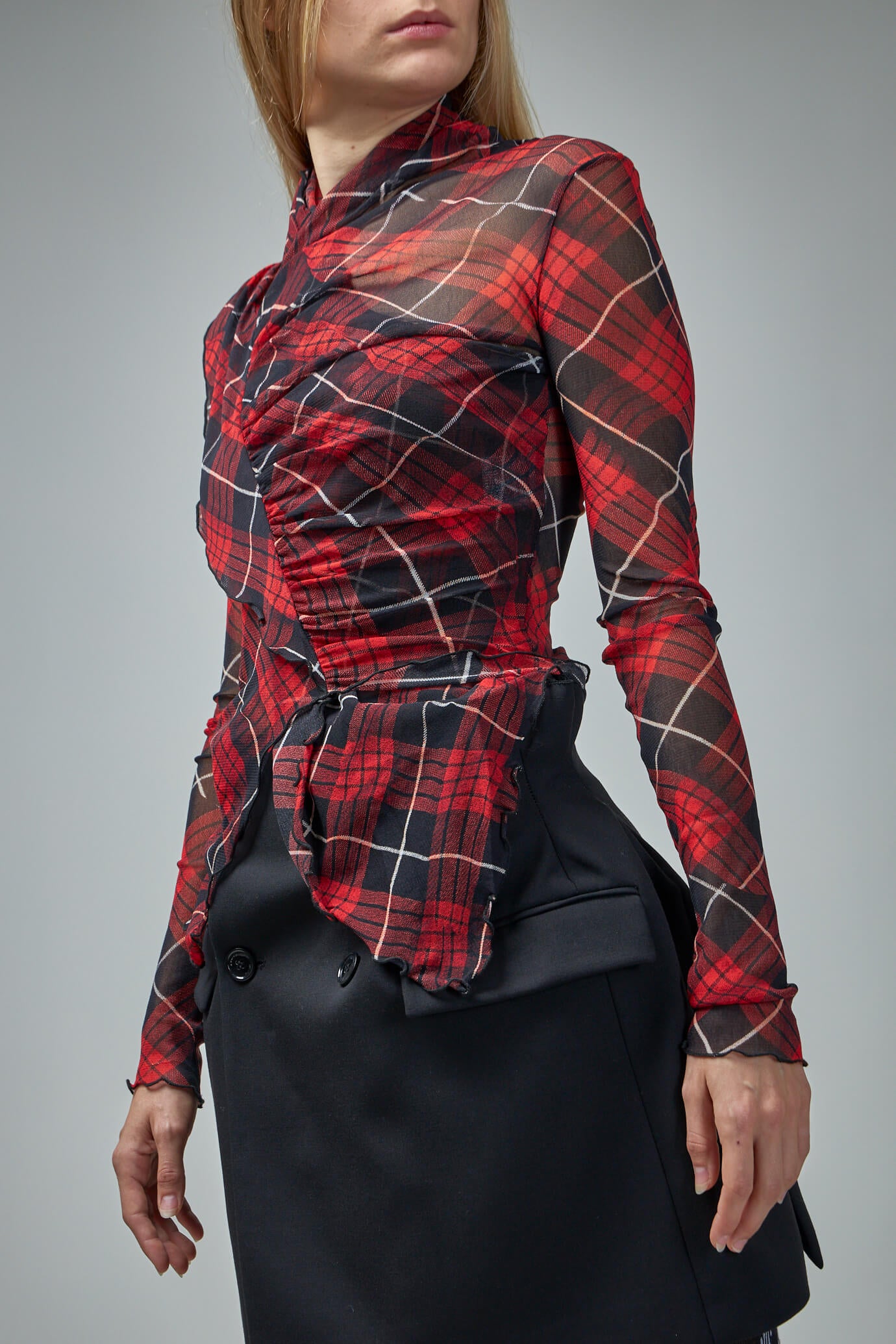 Mesh Draped Longsleeve Top Printed 'Distorted Tartan'