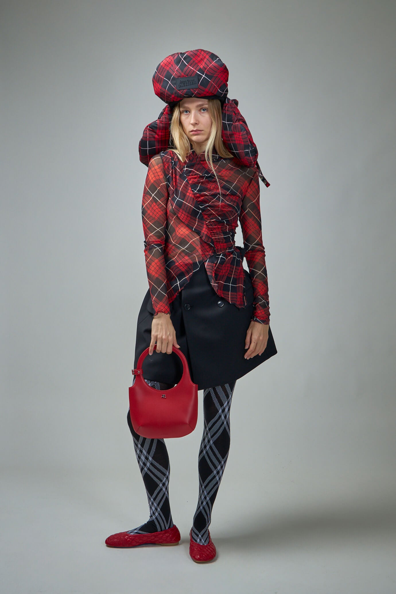 Mesh Draped Longsleeve Top Printed 'Distorted Tartan'