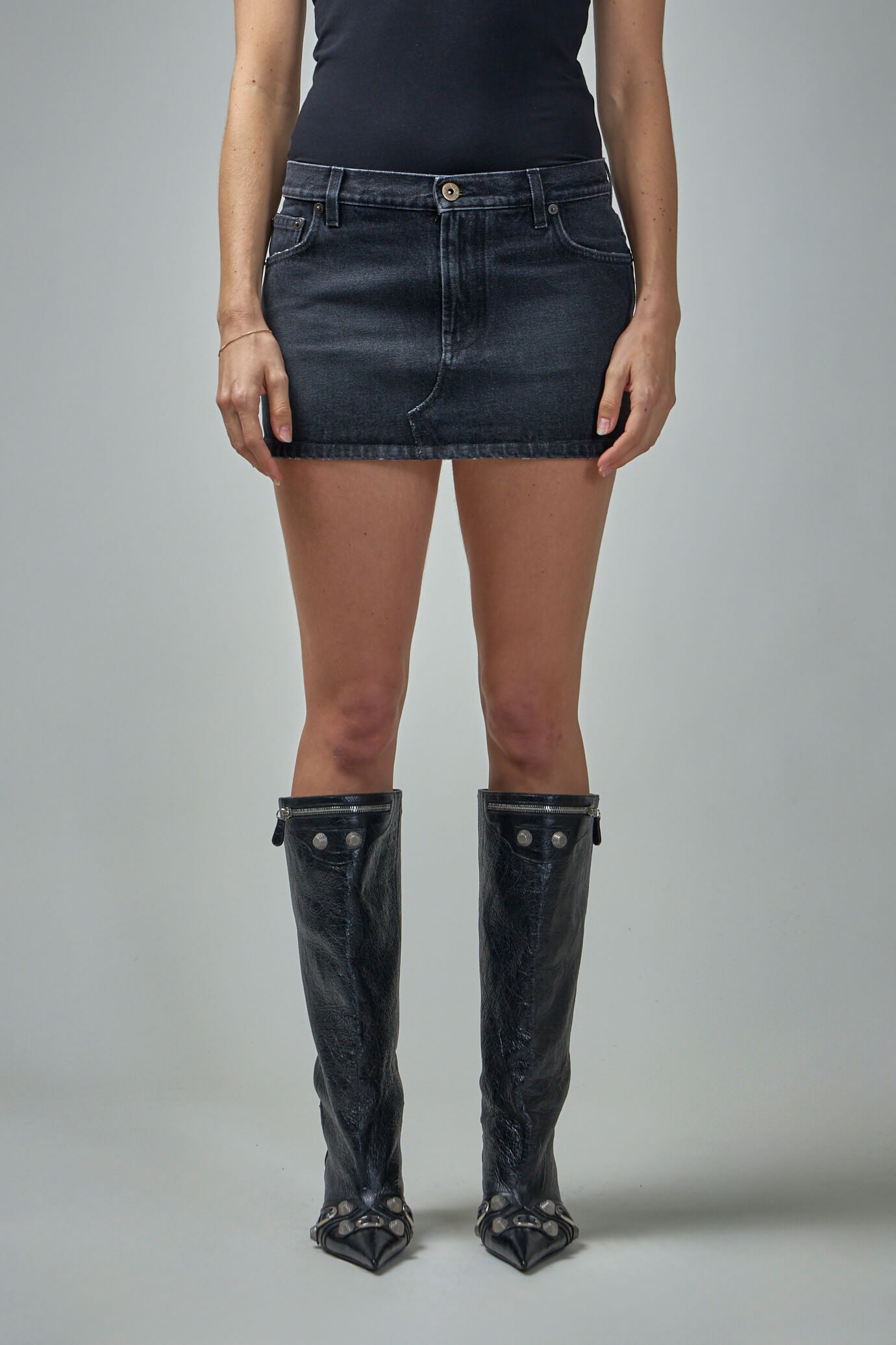 Denim Mini Skirt with Leather Pocket