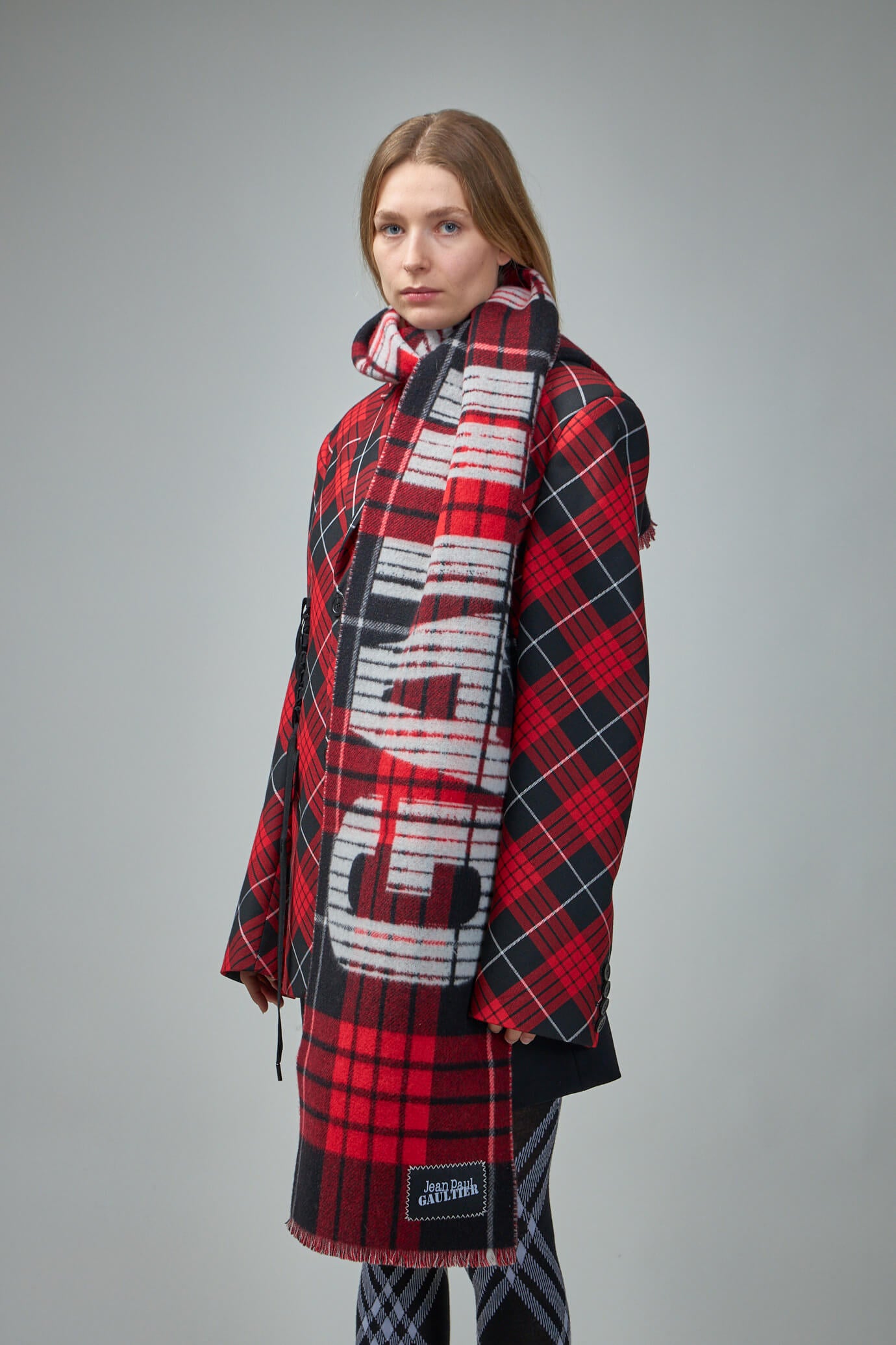 Tartan Wool Scarf with ''Gaultier '' Logo