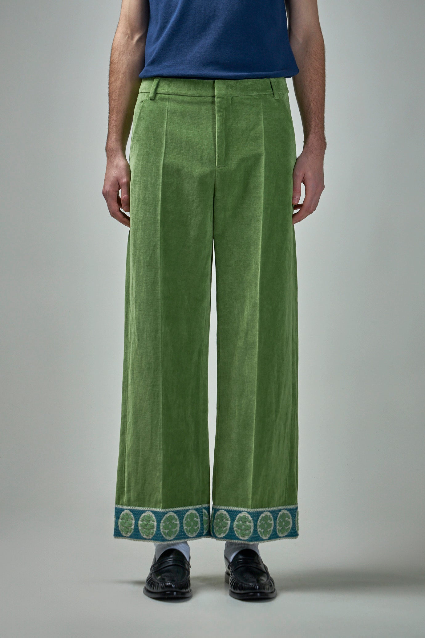 Washed Cotton-Linen Velvet Trousers with Jacquard Hems