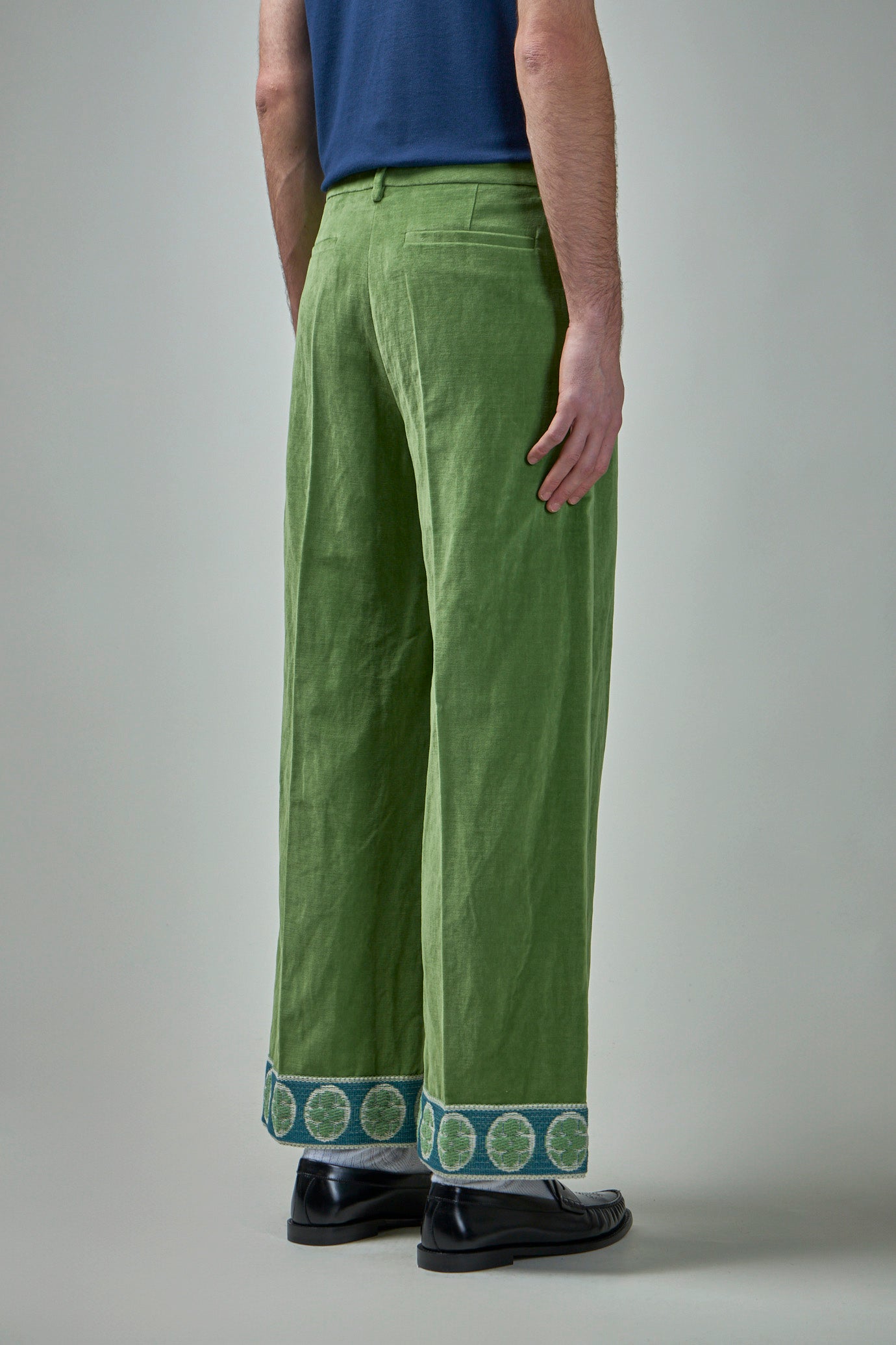 Washed Cotton-Linen Velvet Trousers with Jacquard Hems