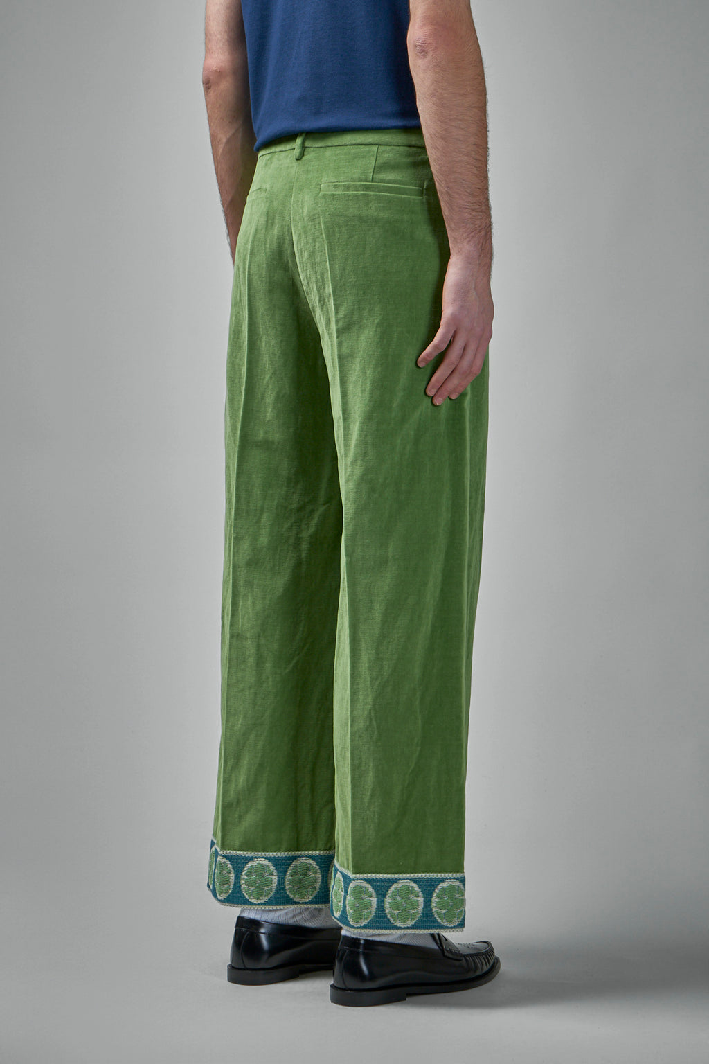 Washed Cotton-Linen Velvet Trousers with Jacquard Hems