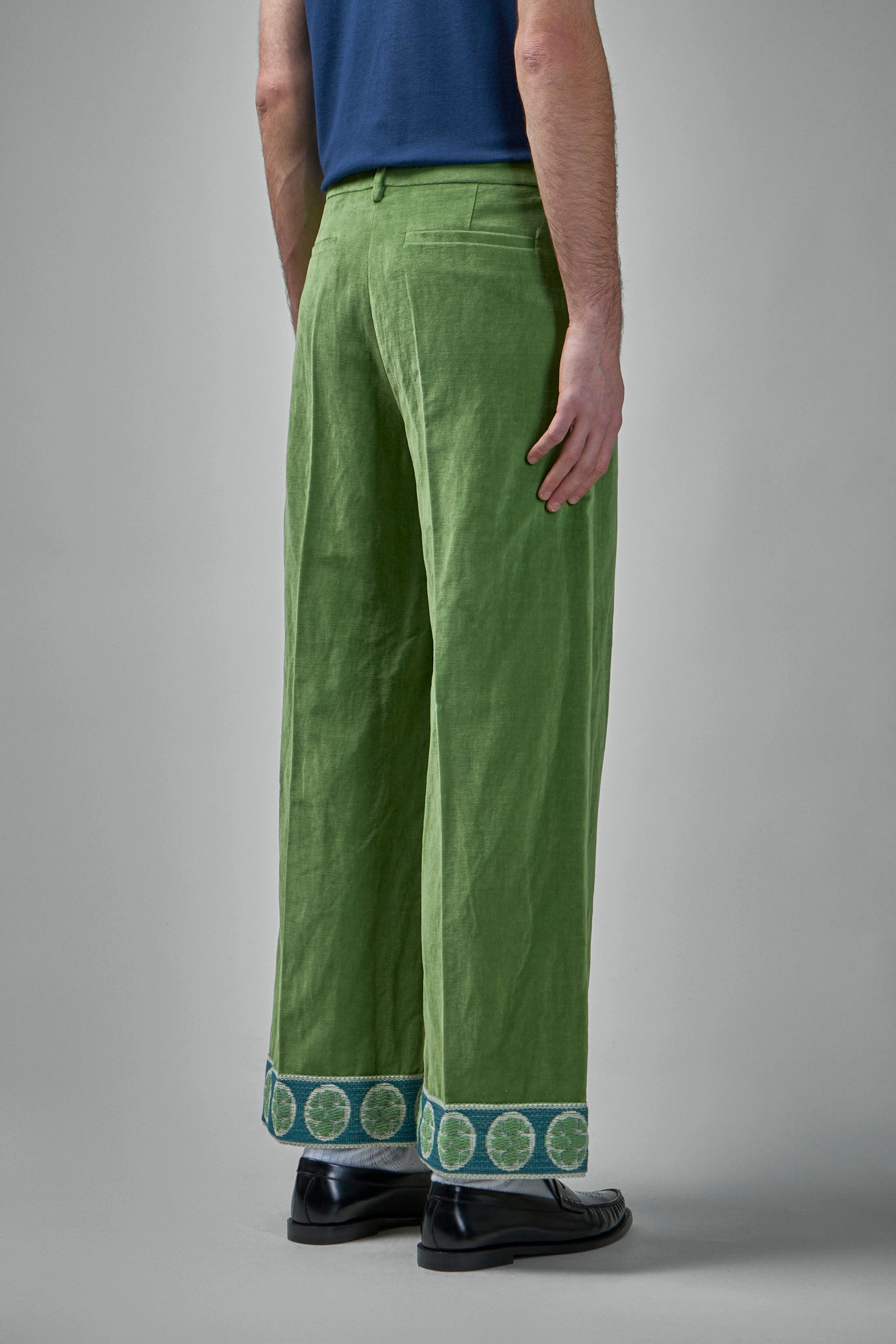 Washed Cotton-Linen Velvet Trousers with Jacquard Hems