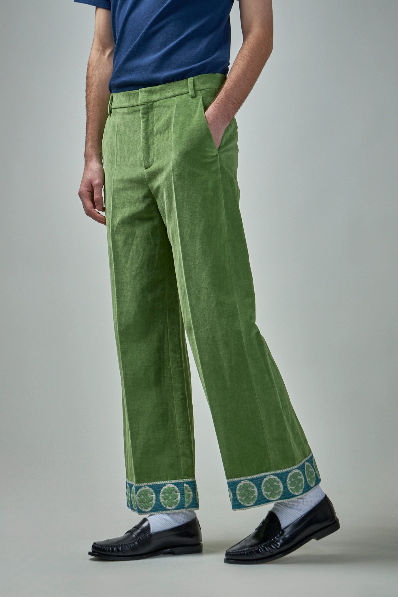 Washed Cotton-Linen Velvet Trousers with Jacquard Hems