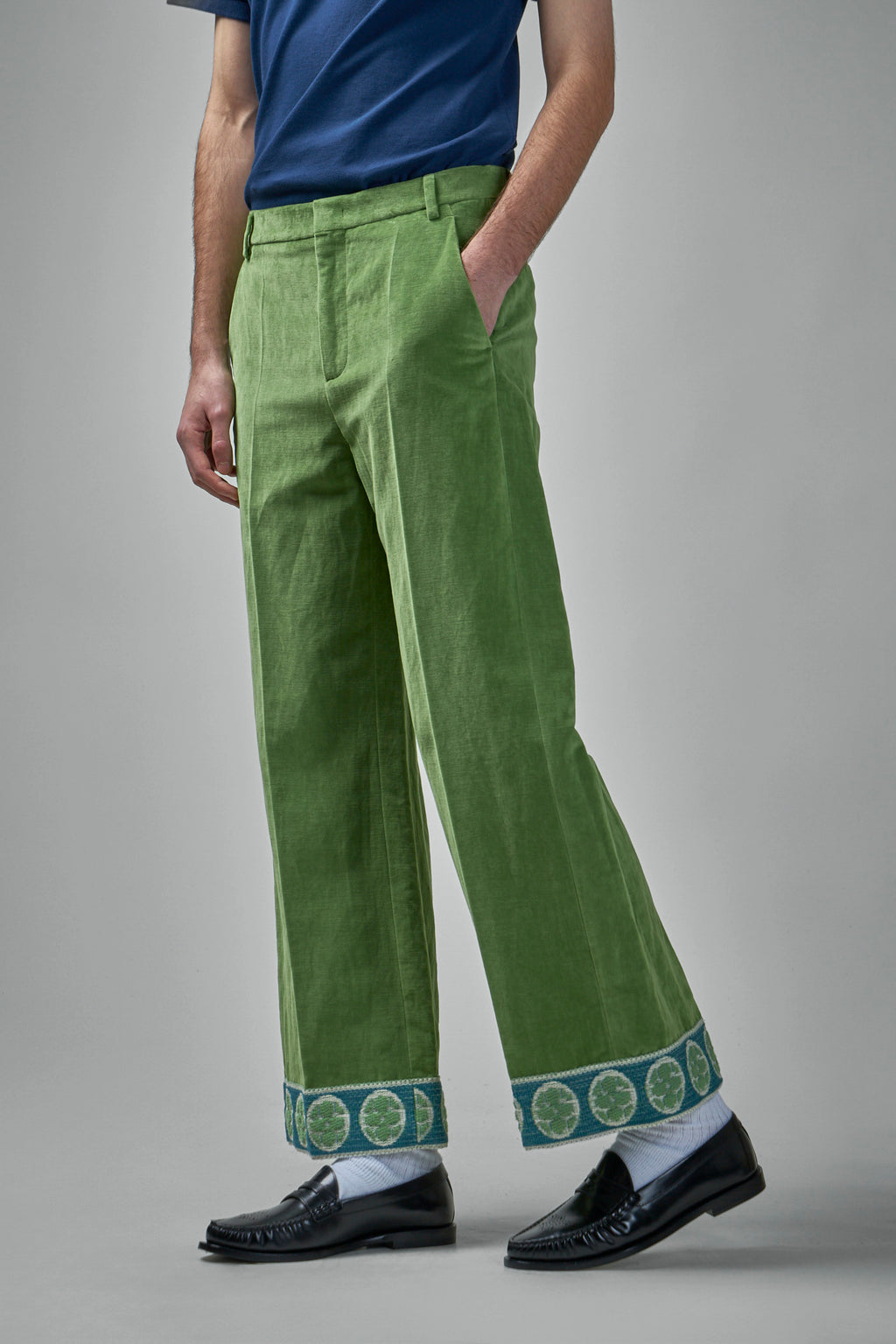 Washed Cotton-Linen Velvet Trousers with Jacquard Hems