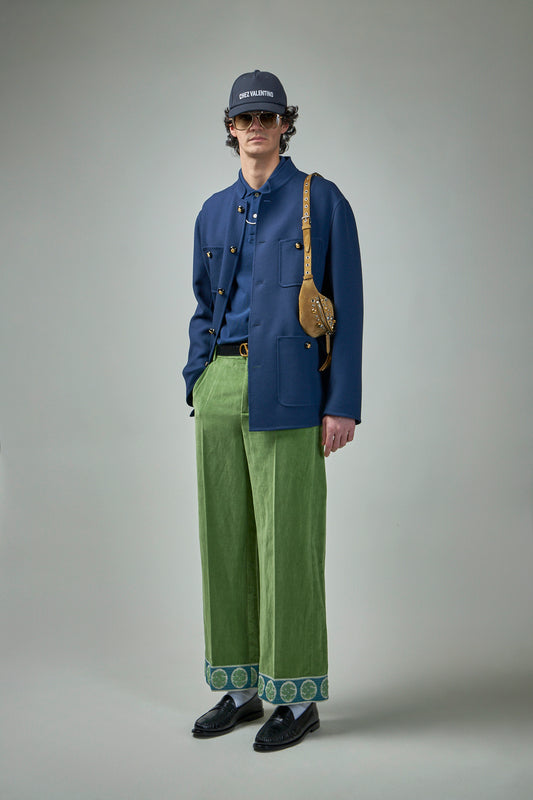 Washed Cotton-Linen Velvet Trousers with Jacquard Hems