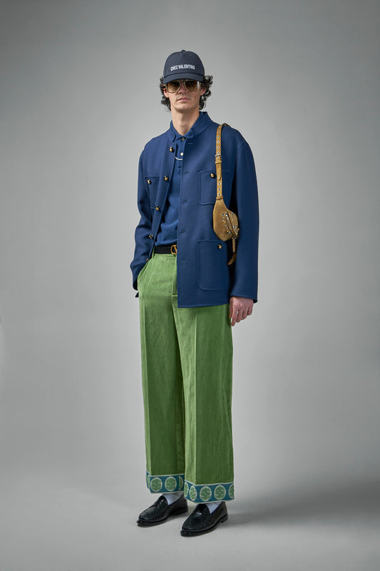 Washed Cotton-Linen Velvet Trousers with Jacquard Hems