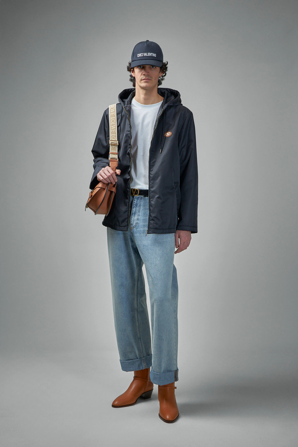 Nylon Hooded Windbreaker with V-Logo Patch