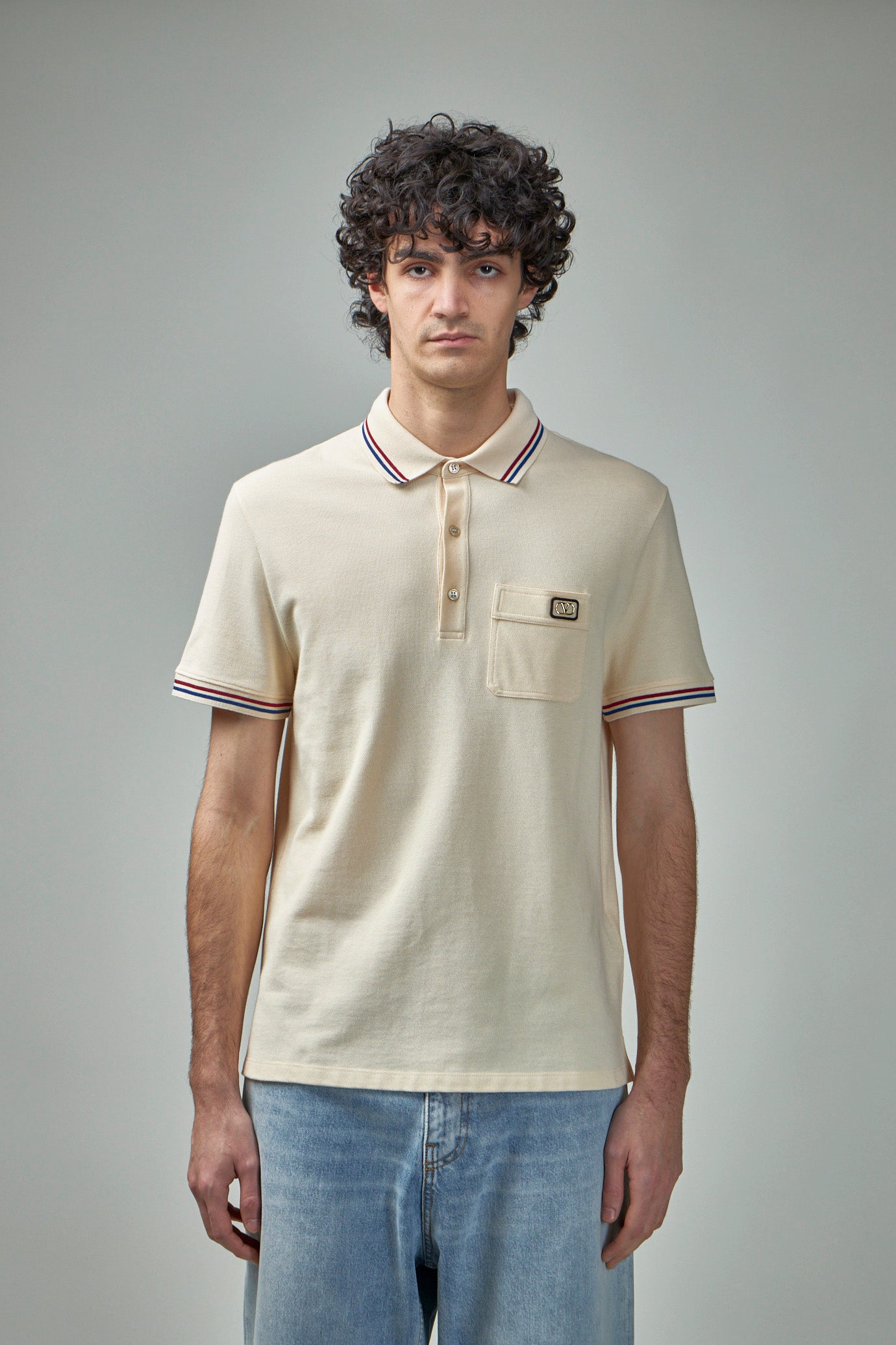 Cotton Piqué Polo Shirt with V-Logo Patch