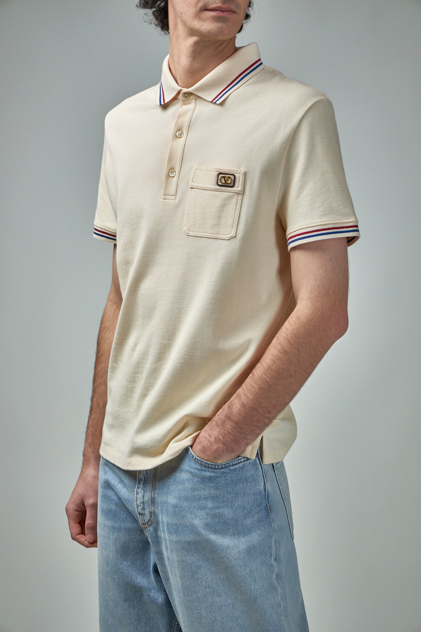 Cotton Piqué Polo Shirt with V-Logo Patch