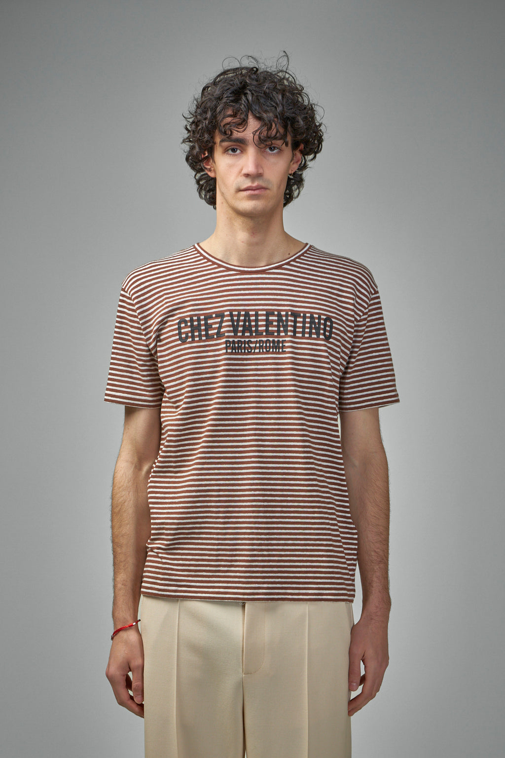 Striped Cotton T-Shirt with Chez Valentino Print