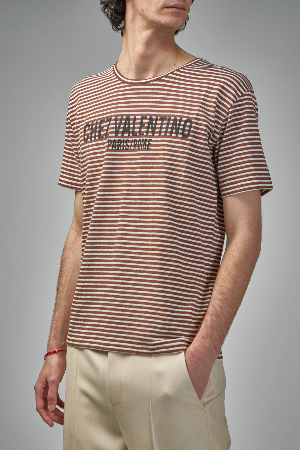 Striped Cotton T-Shirt with Chez Valentino Print