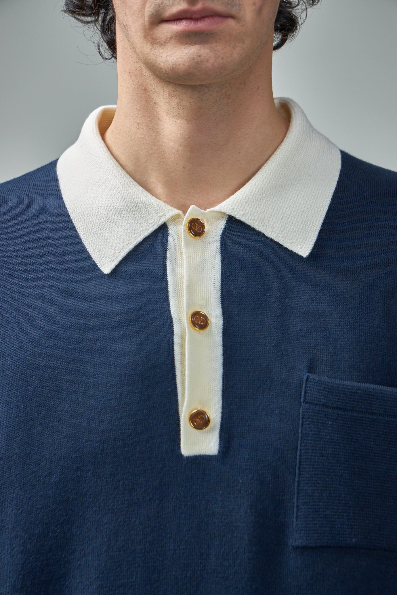 Wool Polo Shirt with V-Logo Signature Embroidery