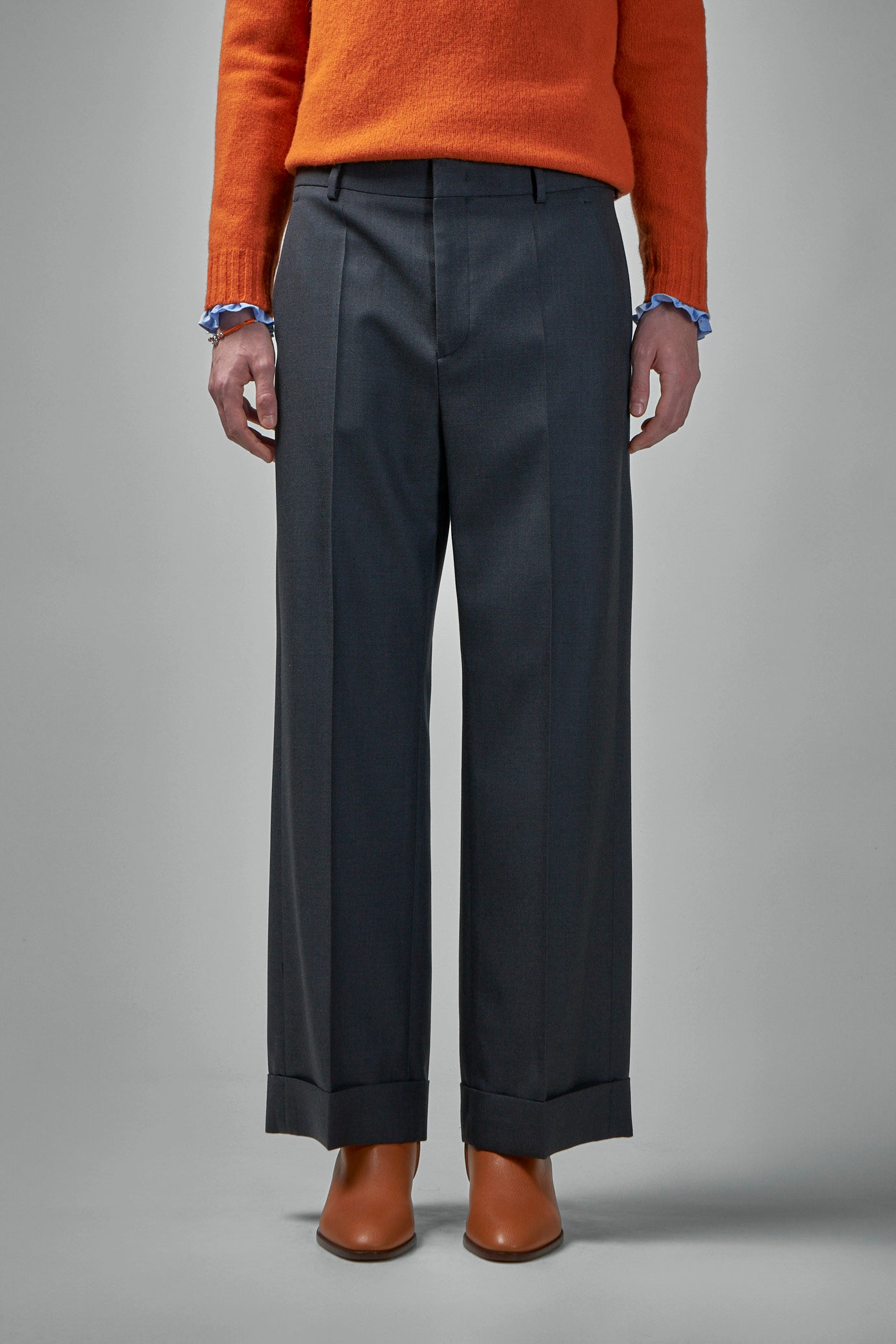 Wool Gabardine Pants with Turn-Ups