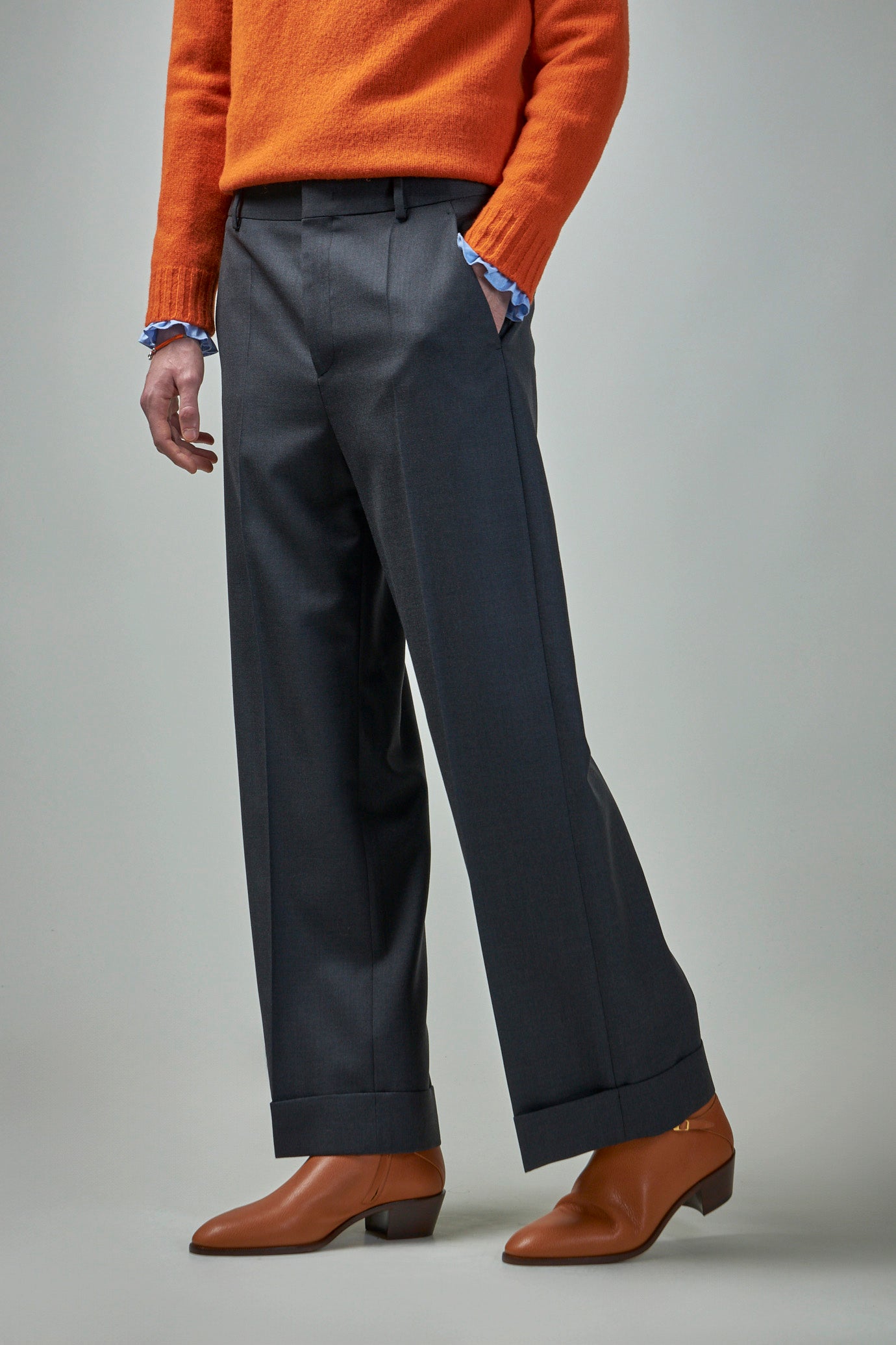 Wool Gabardine Pants with Turn-Ups