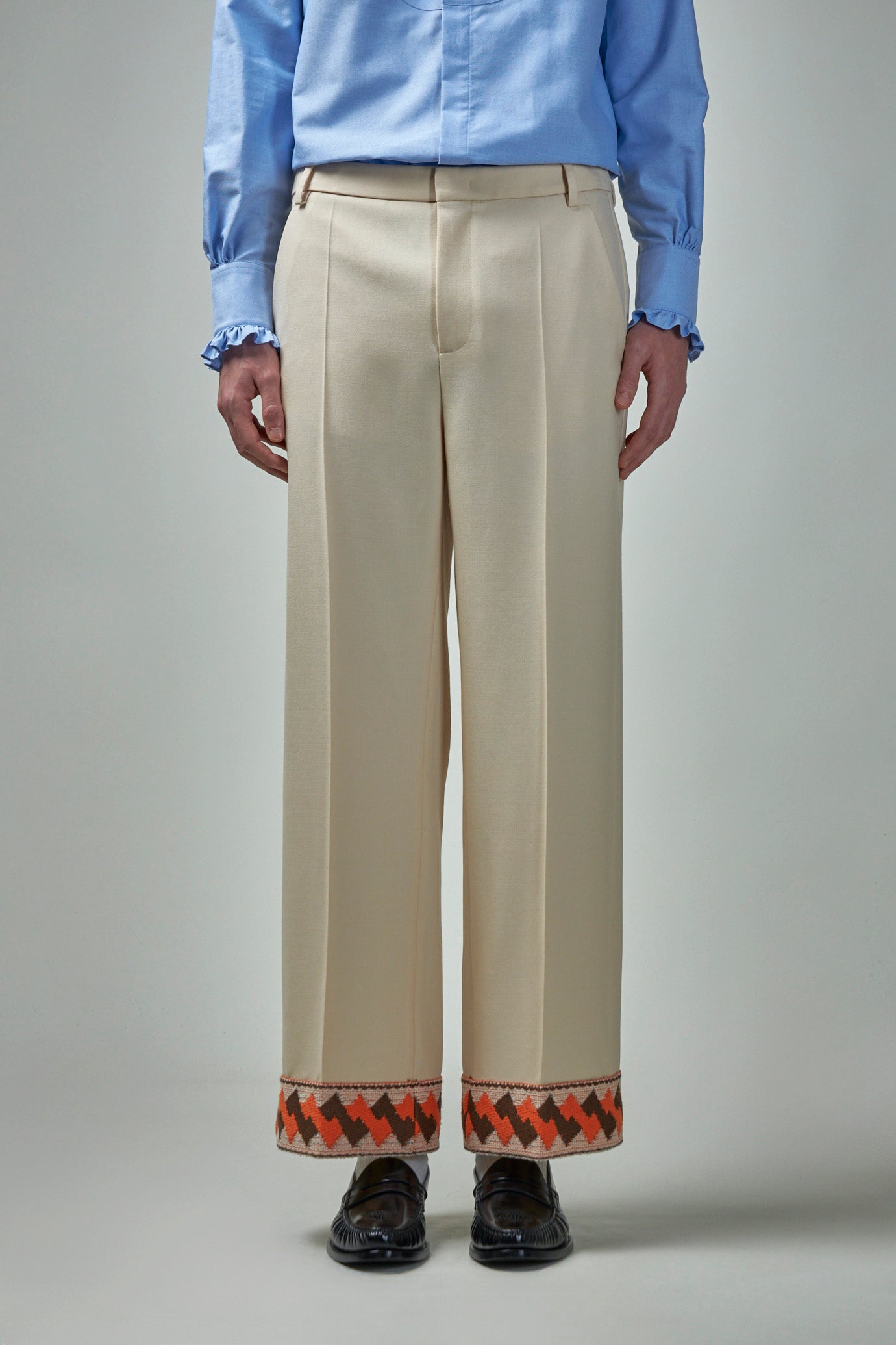 Wool Gabardine Trousers with Jacquard Hem