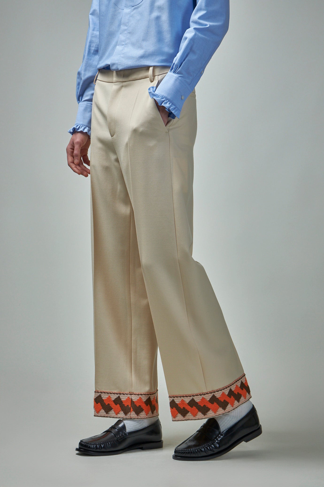 Wool Gabardine Trousers with Jacquard Hem