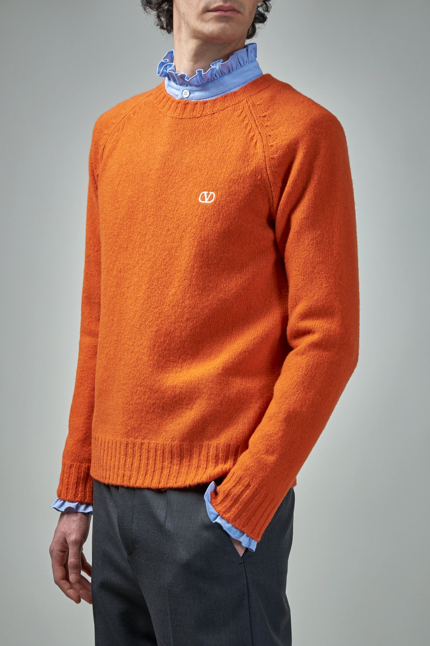 Shetland Wool Crewneck Jumper with Vlogo Embroidery