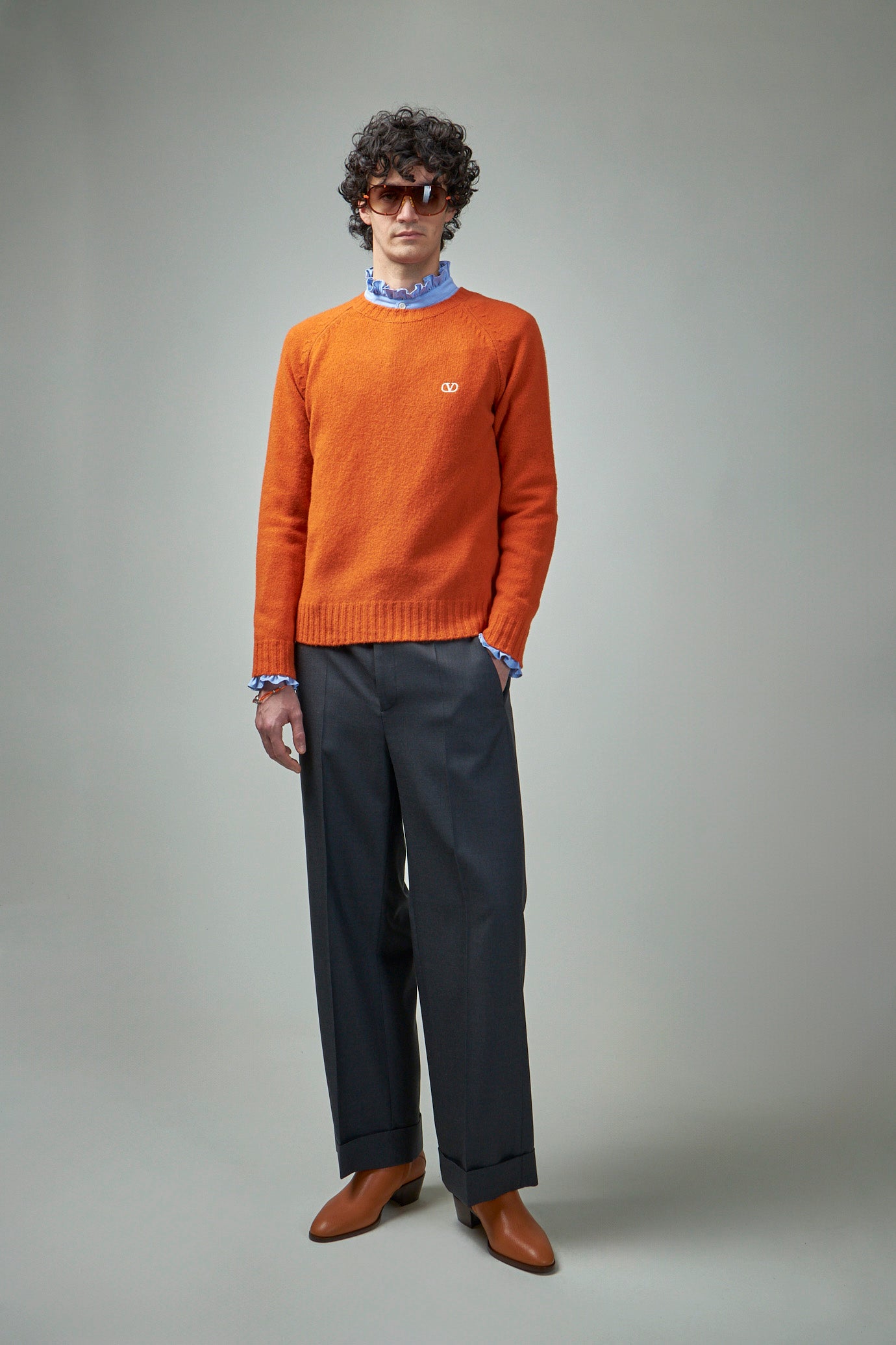 Shetland Wool Crewneck Jumper with Vlogo Embroidery