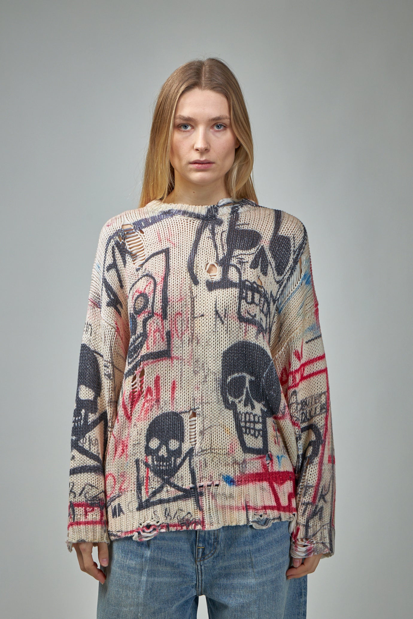 Printed Oversized Sweater Skull Graffiti Print