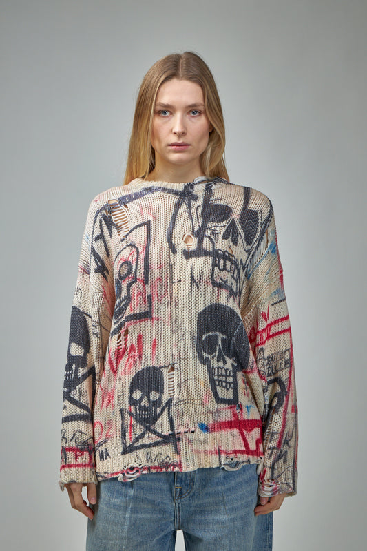 Printed Oversized Sweater Skull Graffiti Print