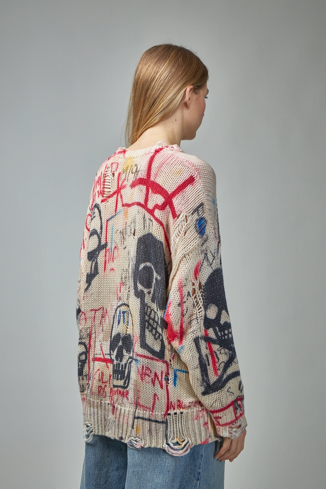 Printed Oversized Sweater Skull Graffiti Print