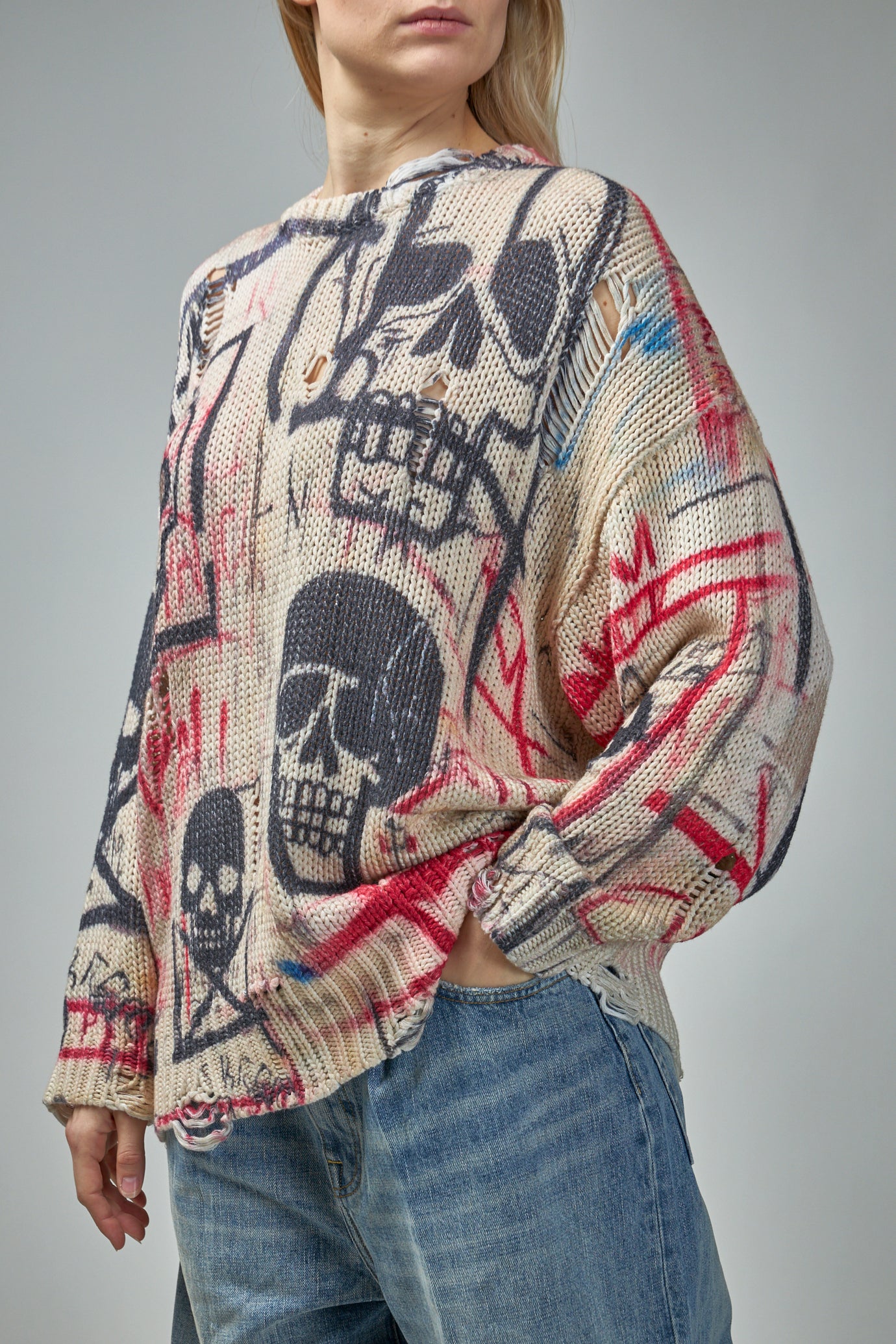 Printed Oversized Sweater Skull Graffiti Print