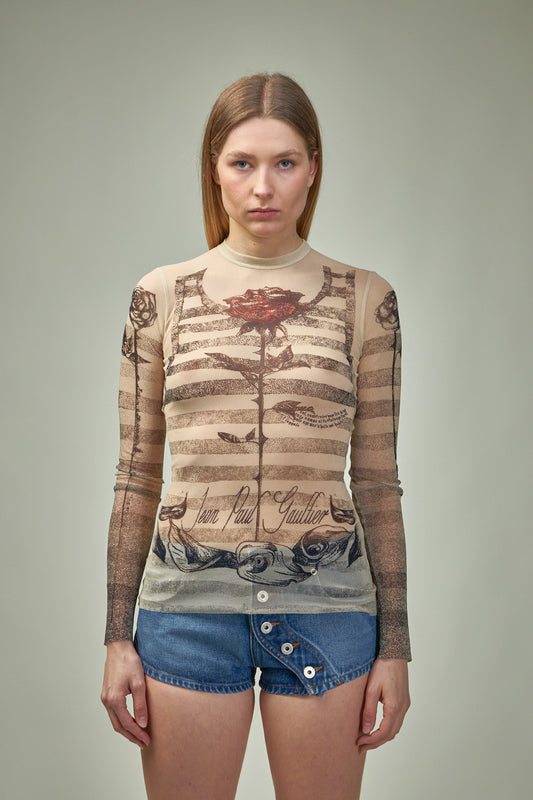 Mesh Longsleeves Top Printed ''Tattoo Mariniere''Riniere''