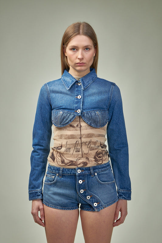 Denim Cropped Jacket With Topstitching Details On Cups