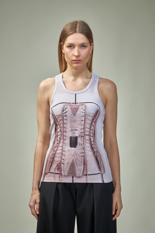 Cotton Ribbed Tank Top Printed ''Trompe L'Ceil Corset''