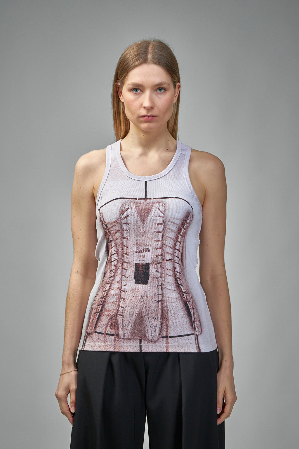 Cotton Ribbed Tank Top Printed ''Trompe L'Ceil Corset''