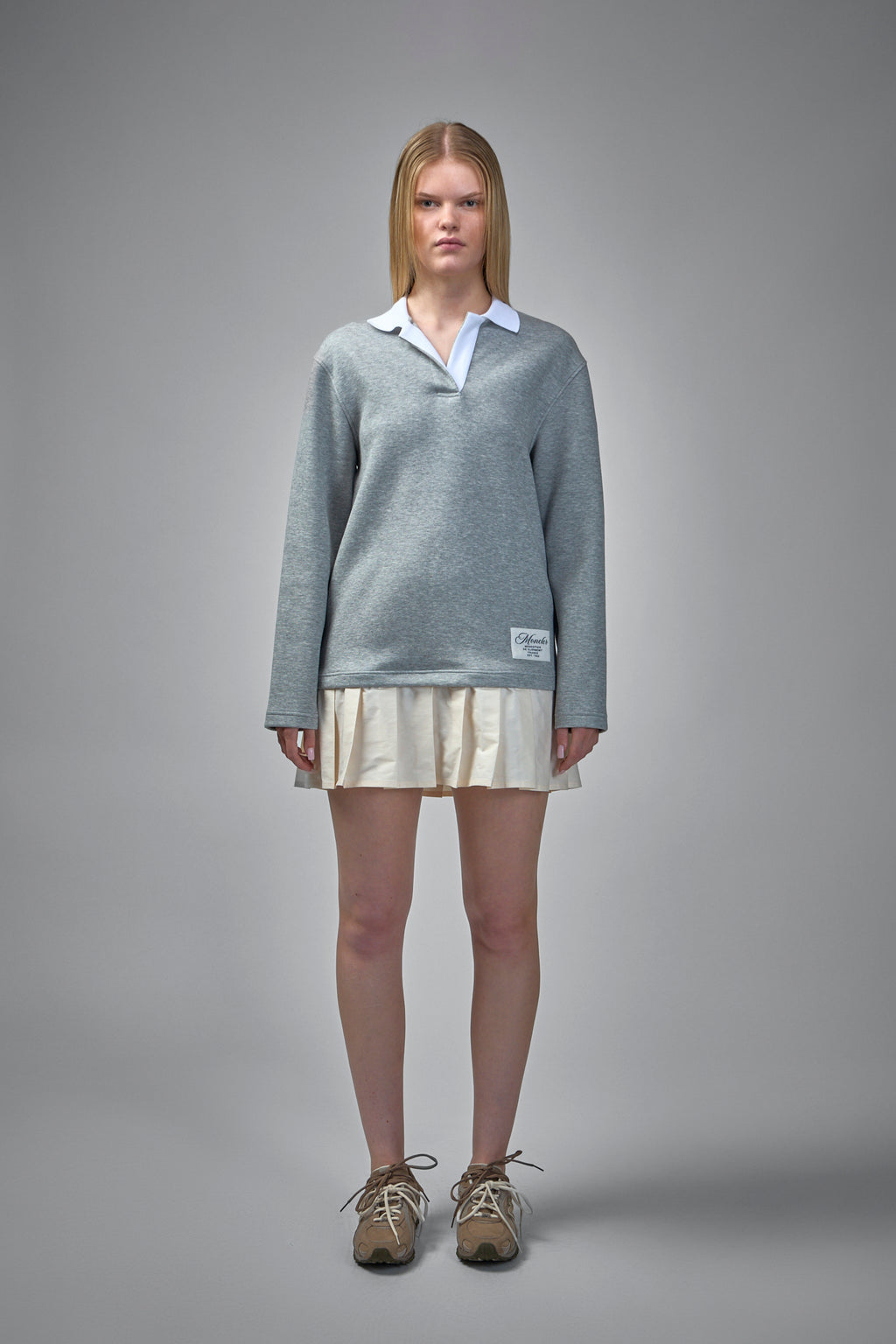 Pleated Logo Patch Long-Sleeved Polo Dress