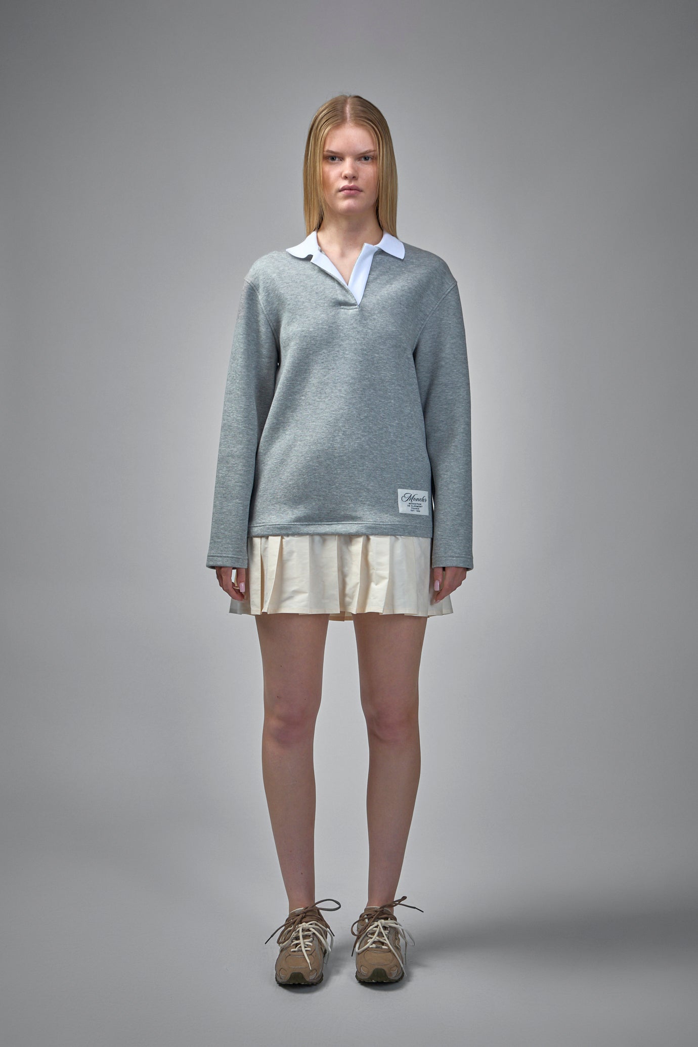 Pleated Logo Patch Long-Sleeved Polo Dress