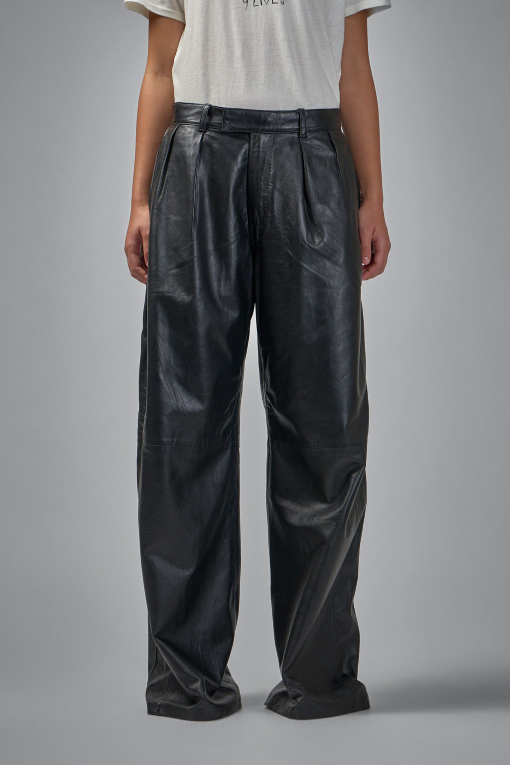 Pleated Wide Leg Leather Pant