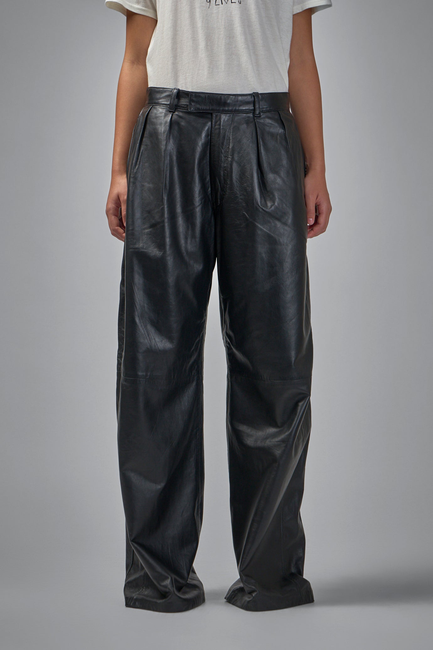 Pleated Wide Leg Leather Pant