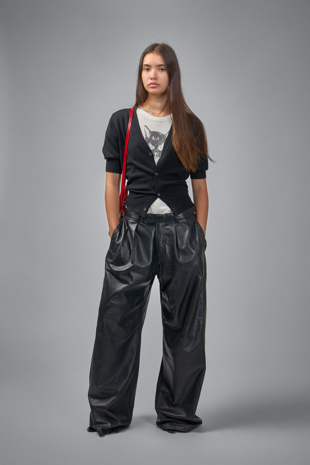 Pleated Wide Leg Leather Pant